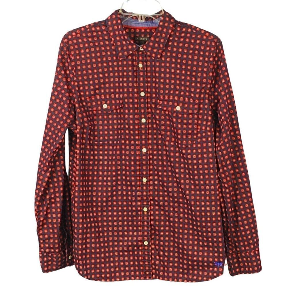 Talbots Red Black Tiny Floral Print Button Up‎ Shirt Women's Roll Tab Size16